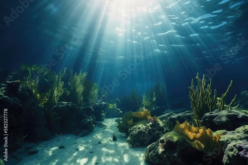 underwater scene with coral reef and fishes. generative AI © ReisMedia
