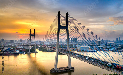 Phu My bridge in the beautiful twilight sunset in Sai Gon city, Viet Nam.