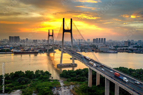 Phu My bridge in the beautiful twilight sunset in Sai Gon city, Viet Nam.