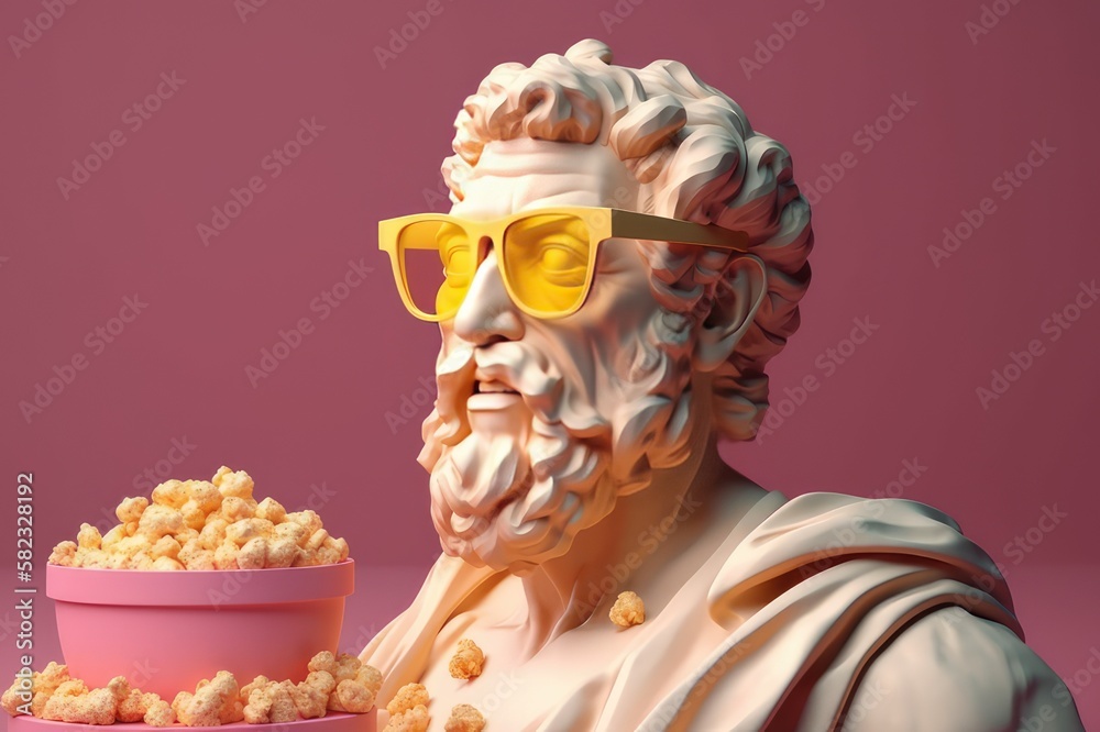 Sculpture of greek god Zeus head in glasses. Creative. Pastel background. Generative AI. - obrazy, fototapety, plakaty 