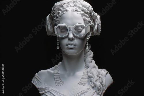 Sculpture of greek goddess Aphrodite head in glasses. Creative. Generative AI. photo