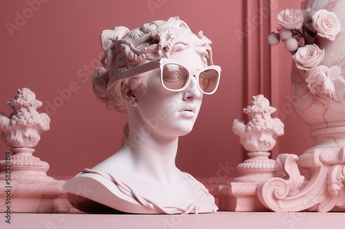Sculpture of greek goddess Aphrodite head in glasses. Creative. Generative AI.