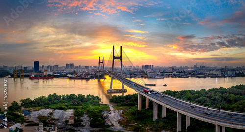 Phu My bridge in the beautiful twilight sunset in Sai Gon city, Viet Nam.