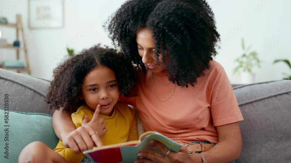 Book, math and mother and child reading, learning and studying for education. Study, mathematics and mom and girl counting, teaching numbers and calculations together from a notebook at home