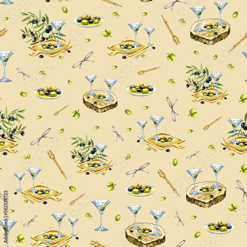 Watercolor seamless pattern with black and green olives and martini. Olives, cutting board. Botanical illustration for restaurant and cafe, design, print, fabric or background