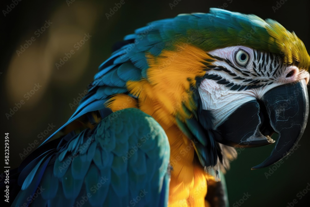 Stunning Blue and Gold Macaw Perched in a Lush Environment, created with Generative AI technology
