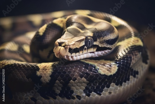 Curled Up Ball Python Displaying Its Unique Patterns, created with Generative AI technology