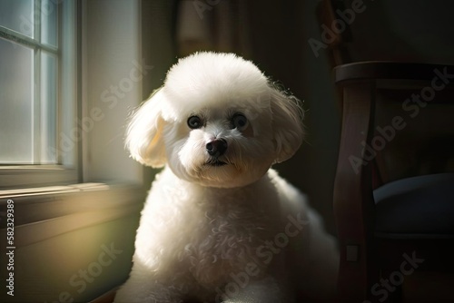 Adorable Bichon Frise with Fluffy White Coat, created with Generative AI technology