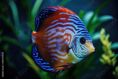 Graceful Discus Fish Gliding Through a Lush Aquarium, created with Generative AI technology