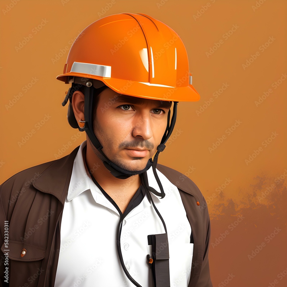 man, worker in hard hat, portrait, protective helmet for professionals, fantasy, generated in AI