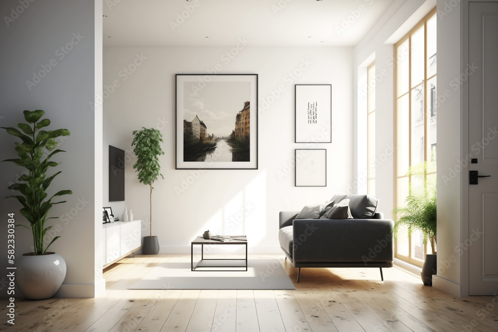 Fototapeta premium Stylish,modern living room interior with designer furniture and ornaments. Picture frames. Generative AI, Generative, AI