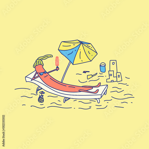 Vector illustration of a serious red chili character on the beach enjoying the sun, eating an ice cream, and drinking a pina colada. Cartoon of a red chili on the beach.