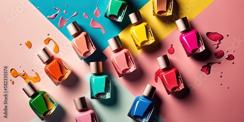 Nail polishes in a rainbow of colors on patterned paper. Generative AI photo