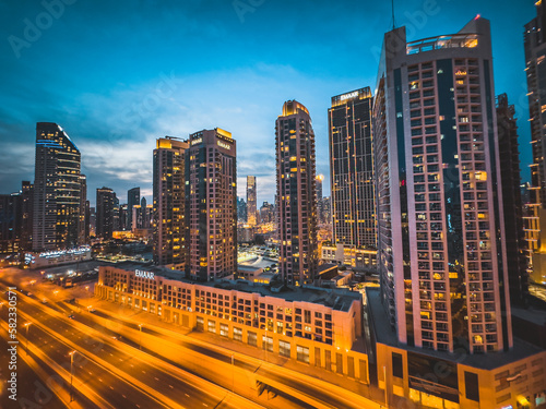 Below Skyscrapers view in Downtown Dubai, business and finance district, UAE