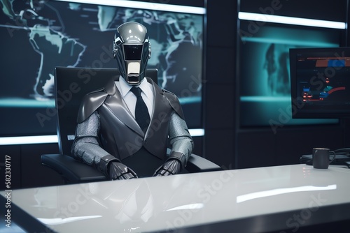 A robot newscaster sitting behind a desk, Artificial Intelligence, futuristic, generative ai 