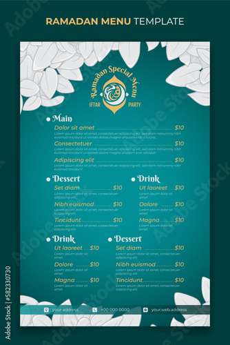 Restaurant menu template for ramadan iftar party design with white leaves ornamental background