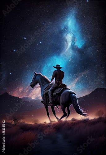 Cowboy's Nocturnal Odyssey Under Starlit Skies