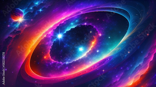 カラフルで光沢のある宇宙　夜空　銀河　オーロラ　オーラ　キラキラ　星　Image of a colorful and glossy universe galaxy aurora