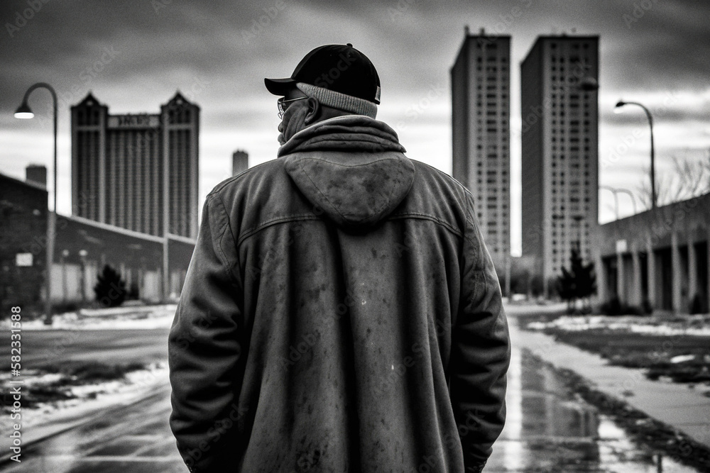 Naklejka premium A man facing Detroit's cityscape by a snowy winter - generative ai
