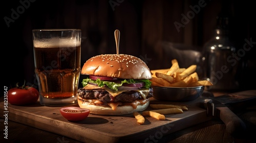 Delicious hamburger on wooden background composition