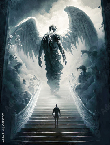 A man climbing the stairvway to heaven, facing the angel of judgment day - generative ai