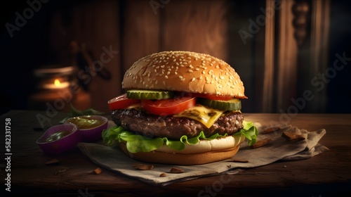 Delicious hamburger on wooden background composition