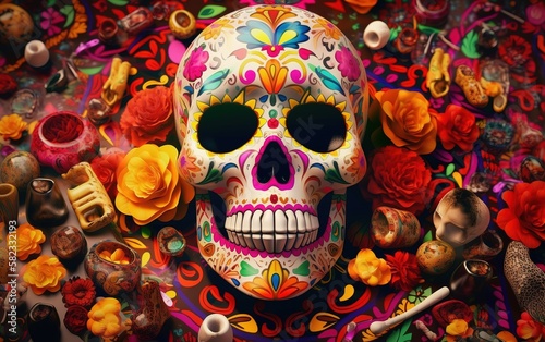 traditional day of the dead dia de muertos skull, Generative AI  © Intelligence Studio