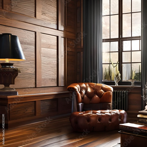 A masculine attic study with rich wood paneling and a leather armchair2, Generative AI