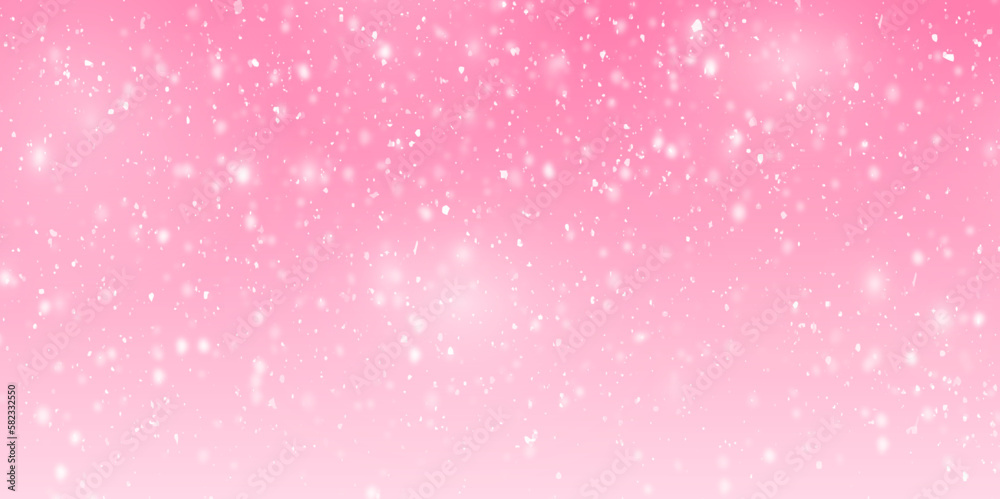 Snowfall, snowflakes in different shapes and forms. Snowflakes, snow background. White snow isolated on pink background.