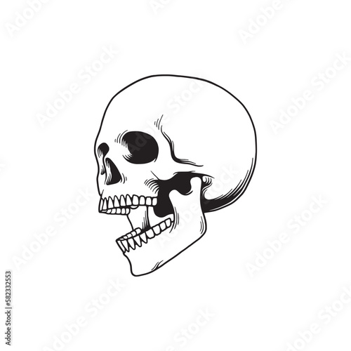 Skull head with open mouth perspective view. Design element for shirt design, logo, sign, poster, banner, card