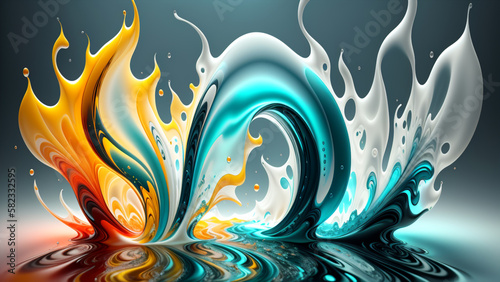 躍動感の白とエメラルドとオレンジの絵の具のしぶき　スプラッシュ　飛び散る　壁紙　豪華　A splash of lively white, emerald and orange paint Splash wallpaper Luxurious