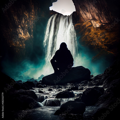 silhouette of a person staring at the waterfall illustration, generative ai