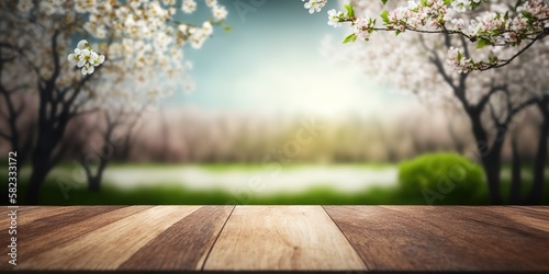 empty wooden table with cherry tree cherry blossoms background product display template  product display promotion  copy space  Generative AI