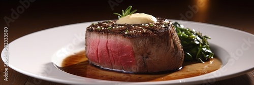 A perfectly grilled rare filet mignon steak photo
