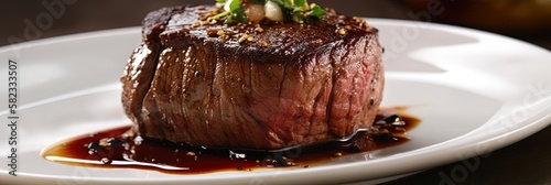 A perfectly grilled rare filet mignon steak photo