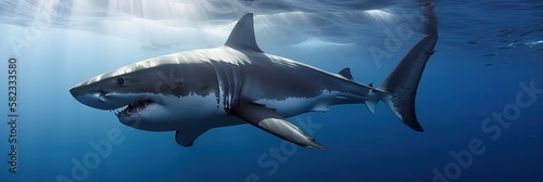 great white shark swimming underwater in the ocean
