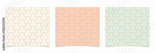 Set of geometric seamless patterns. Striped tetrapod pattern on white, pastel pink, and aqua blue background.