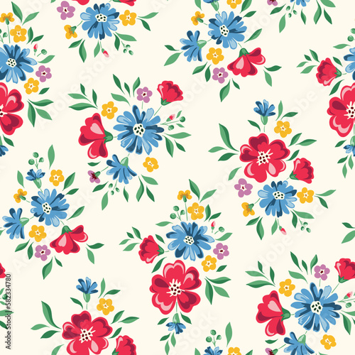 Cheery and Bright Chintz Romantic Meadow Wildflowers Vector Seamless Pattern. Cottagecore Garden Flowers and Foliage Print. Homestead Bouquet. Farmhouse Background © Anna Putina