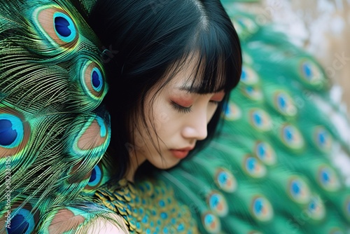 Fashion asian model posing with peacock feathers with flowers, futuristic portrait for magasine and beauty webshops, reworked and enhanced ai generative photography of a not real person.
