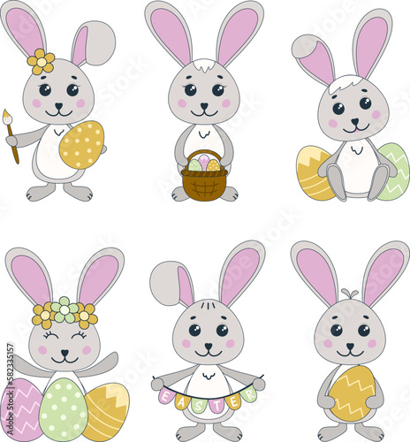 A set of cute Easter bunnies with eggs. Cartoon illustration of a happy rabbit. Easter egg. Vector illustration