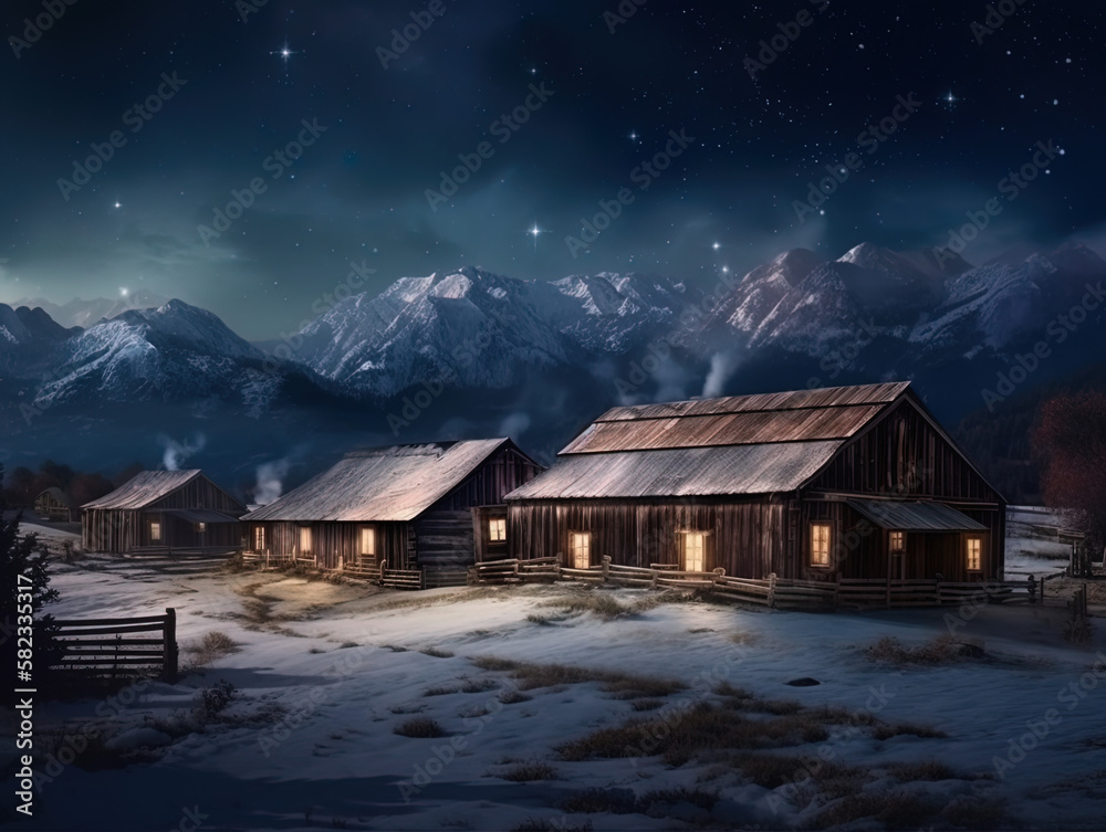 Fototapeta premium Rustic Winter Cabin with Snowy Mountains and Beautiful Night Sky, Milk Way