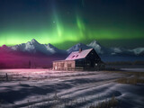 Rustic Cabin with Snowy Mountains and Beautiful Night Sky, Aurora Borealis