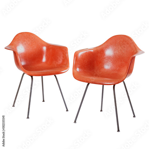 Pair of moulded fiberglass red-orange mid-century modern chairs Fototapet