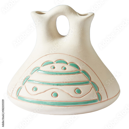 Traditional Navajo Handmade Ceramic Wedding Vase. White ceramic piece with turquoise design. Product photo with no background. photo