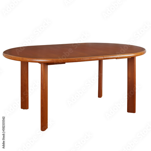 Vintage oval dining table. Mid-century modern teak table with black inlaid border. Product photo with no background. 
