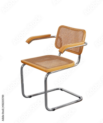 Mid-century modern wooden chrome and cane cantilever chair. No background. photo