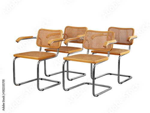 Set of mid-century modern wooden chrome and cane cantilever chairs. No background. photo