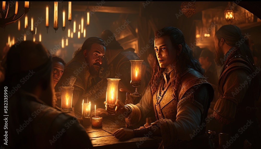 group of adventurers entering a tavern digital art illustration, Generative AI
