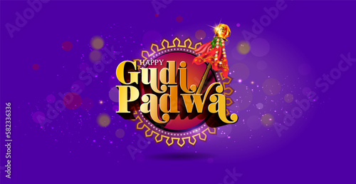 Gudi Padwa Festival background. 3d illustration text. Creative wishing greeting card.
