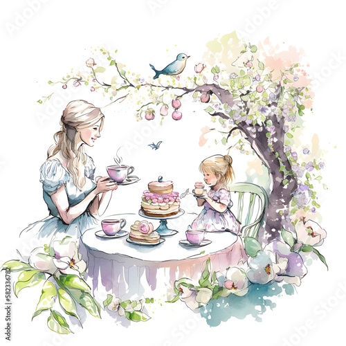 Mother's Day watercolor art, outdoor tea party in a lush garden, with a mother and child seated at a dainty table adorned with floral accents. They are sipping from delicate tea cups, generative ai